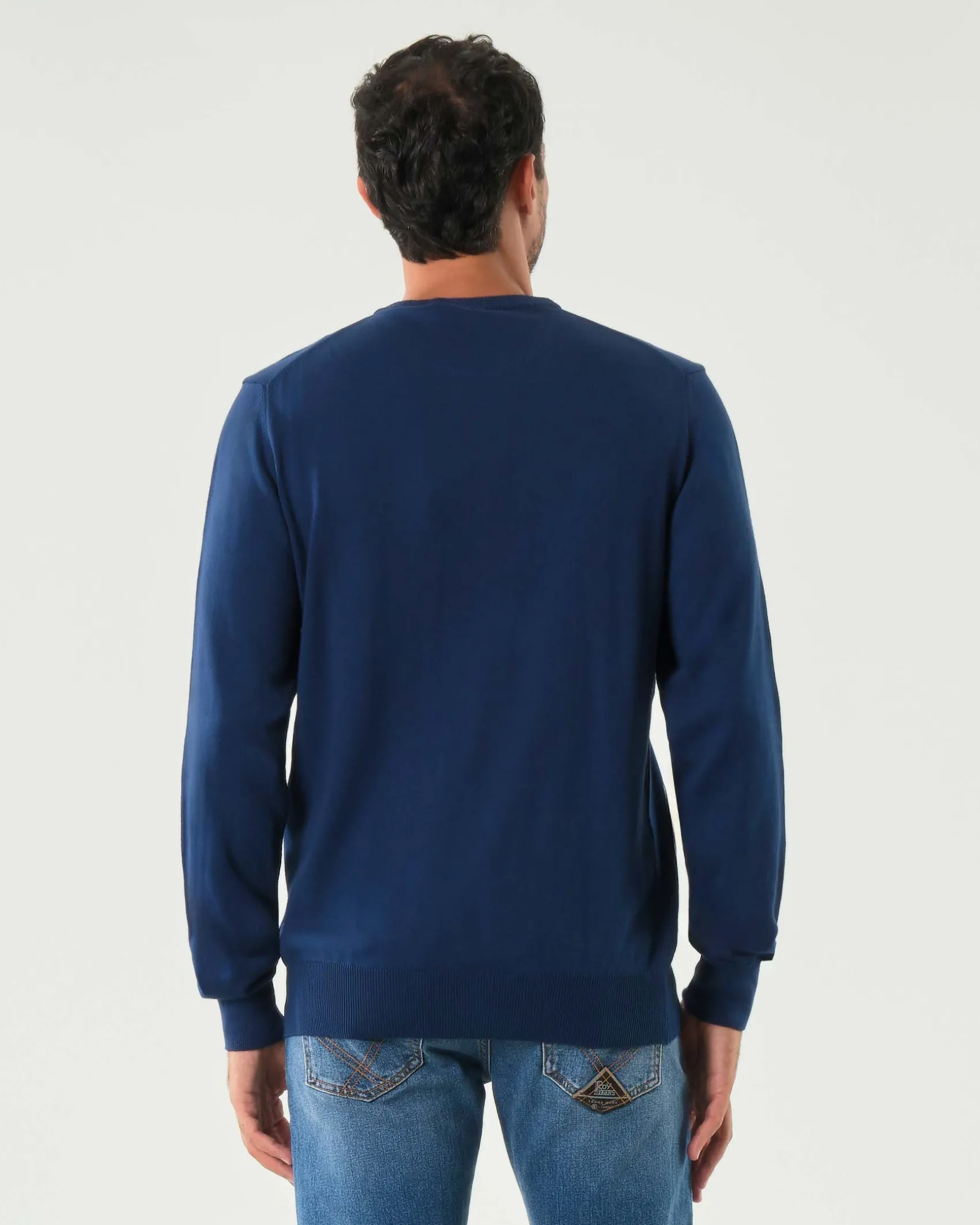 Maglia girocollo Roy Roger's blu indaco regular-fit in puro cotone con patch logo sul fianco