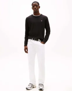 Maglia girocollo Tommy Jeans nera in puro cotone con logo flag piccolo ricamato sul petto