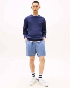 Maglia girocollo Tommy Jeans blu indaco in puro cotone a costa inglese con logo flag piccolo ricamato sul petto