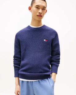 Maglia girocollo Tommy Jeans blu indaco in puro cotone a costa inglese con logo flag piccolo ricamato sul petto