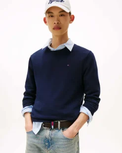 Maglia girocollo Tommy Jeans blu in puro cotone con logo flag piccolo ricamato sul petto
