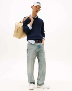Maglia girocollo Tommy Jeans blu in puro cotone con logo flag piccolo ricamato sul petto