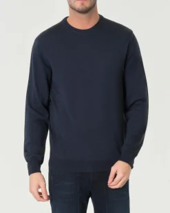 Maglia girocollo Woolrich blu navy in pura lana merino con logo ricamato in tono sul fondo