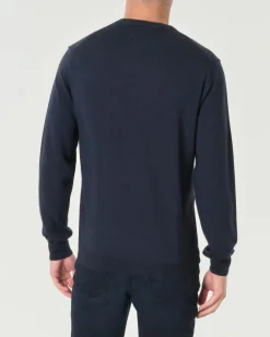 Maglia girocollo Woolrich blu navy in pura lana merino con logo ricamato in tono sul fondo