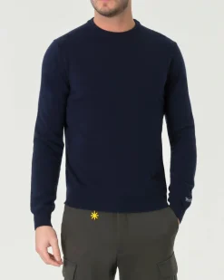 Maglia girocollo Woolrich blu navy in lambswool di pura lana con logo ricamato sul polso