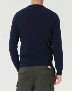 Maglia girocollo Woolrich blu navy in lambswool di pura lana con logo ricamato sul polso