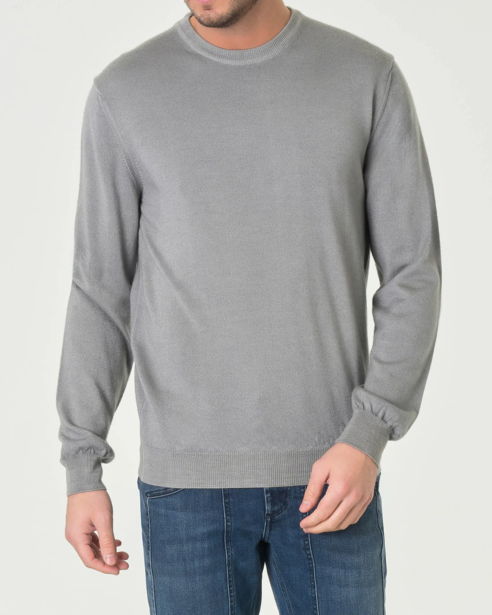 Maglia girocollo Woolrich grigio chiaro in pura lana merino con logo ricamato in tono sul fondo