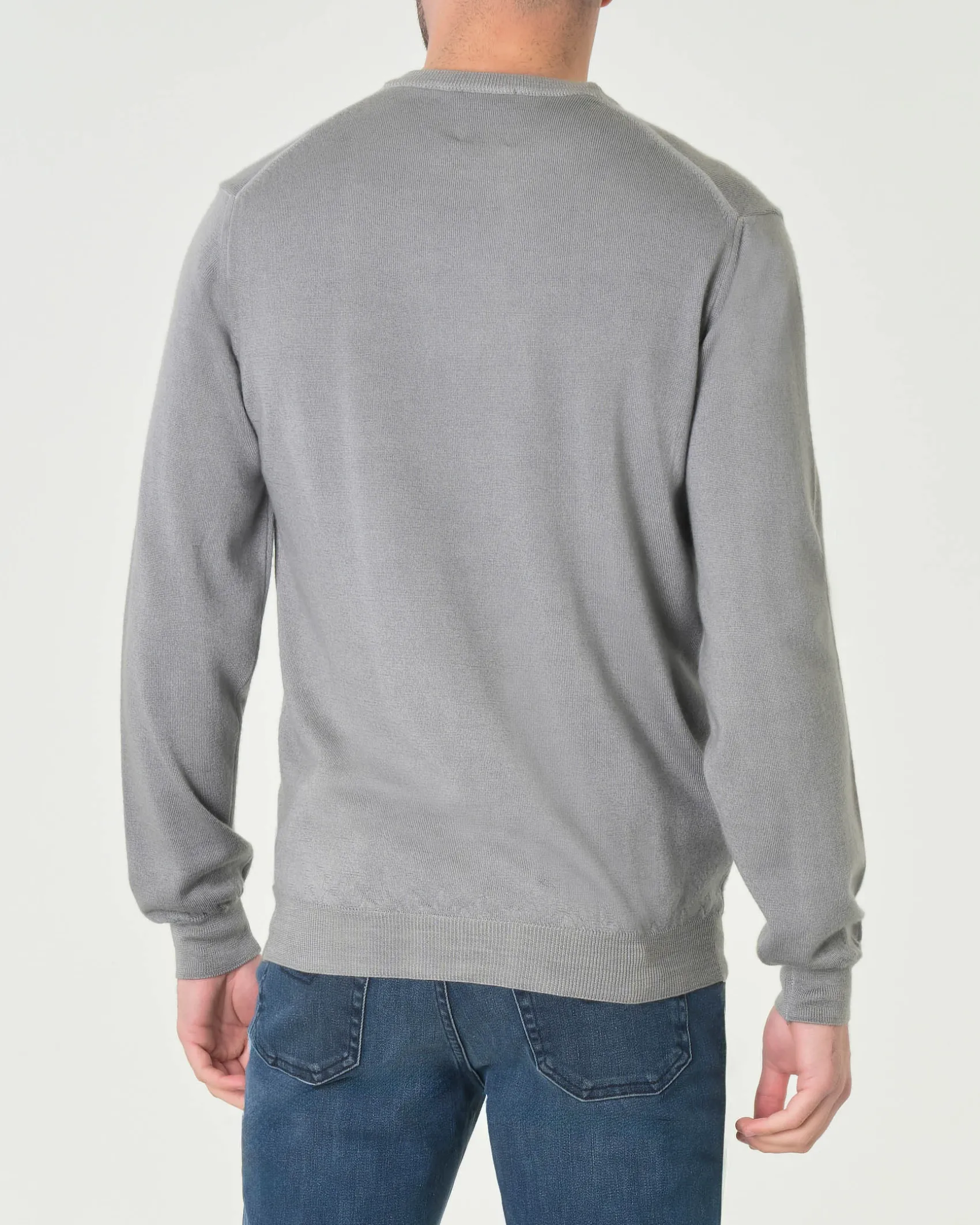 Maglia girocollo Woolrich grigio chiaro in pura lana merino con logo ricamato in tono sul fondo