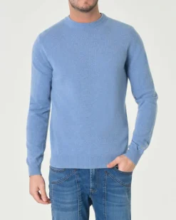 Maglia girocollo Woolrich azzurra in lambswool di pura lana con logo ricamato sul polso