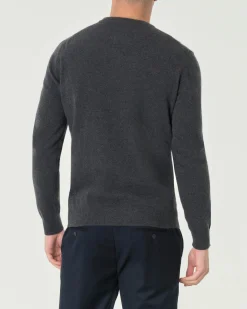 Maglia girocollo Woolrich antracite in lambswool di pura lana con logo ricamato sul polso