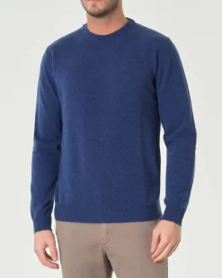 Maglia girocollo Woolrich blu indaco in lambswool di pura lana con logo ricamato sul polso