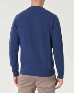 Maglia girocollo Woolrich blu indaco in lambswool di pura lana con logo ricamato sul polso