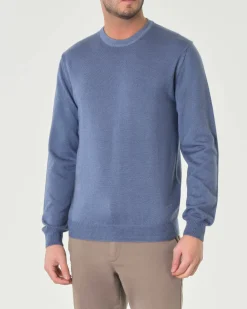 Maglia girocollo Woolrich azzurra in pura lana merino con logo ricamato in tono sul fondo