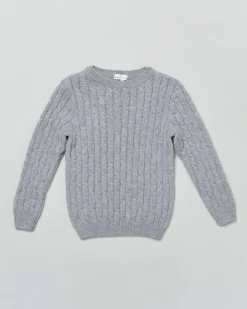 Maglia grigia girocollo in pura lana con lavorazione a trecce