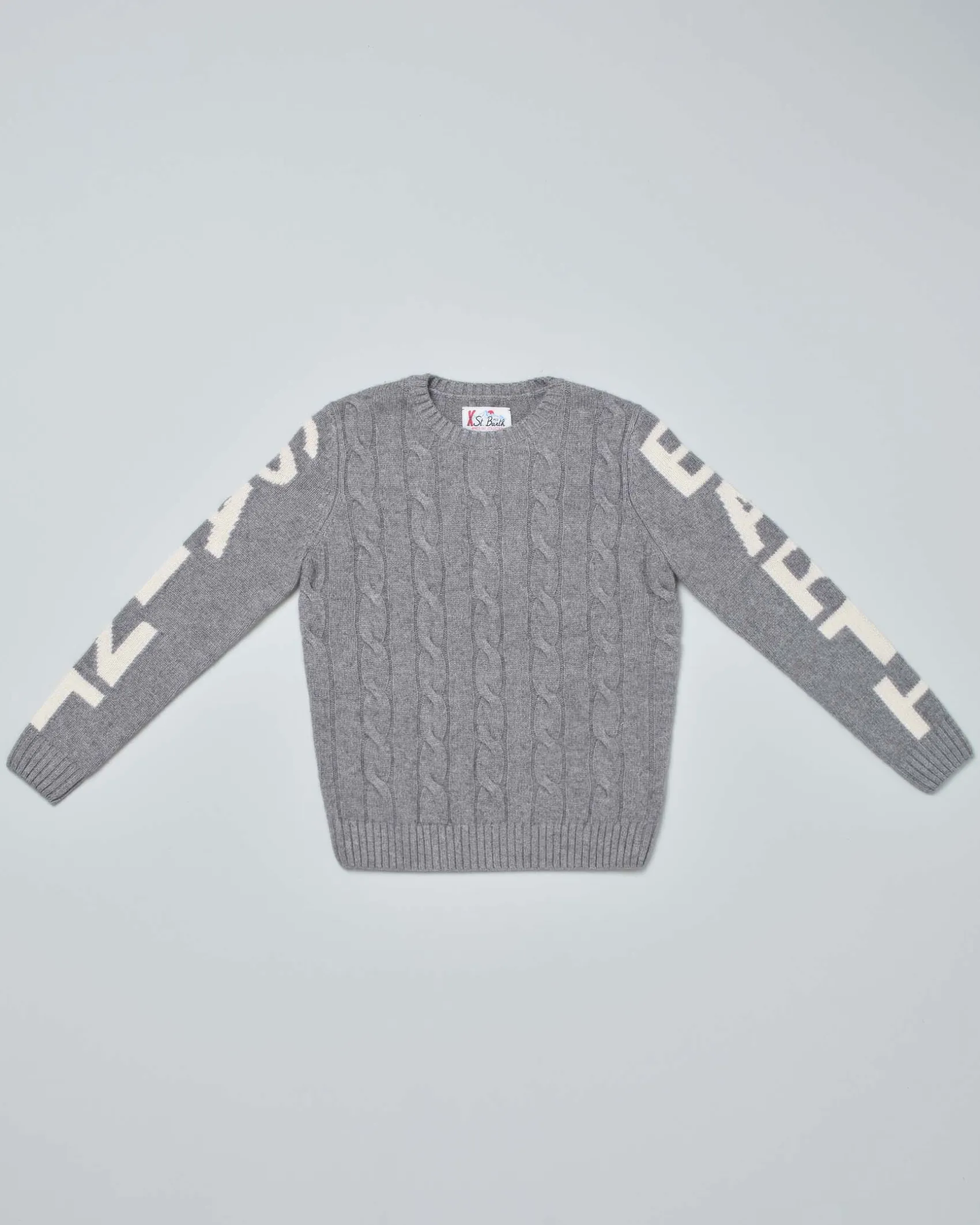 Maglia grigia MC2 Saint Barth in misto lana e cashmere a trecce con logo lungo le maniche