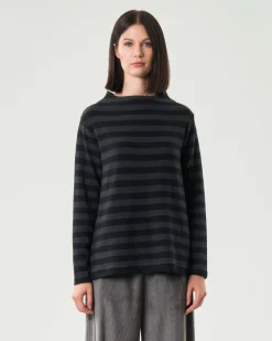 Maglia grigio antracite a righe nere Jurerê in misto cotone con colletto a cratere