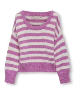 Maglia Kids Only relaxed in punto pelliccia a fantasia rigata rosa e bianca con maniche bishop