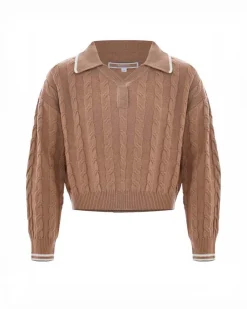 Maglia Kocca cropped cammello in misto lana a trecce con colletto e bordi bianchi
