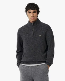 Maglia Lacoste grigio antracite in lambswool di pura lana a collo alto e apertura a mezza zip
