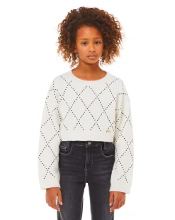 Maglia Liu Jo bianca cropped in lana e cashmere con borchiette nere a rombi