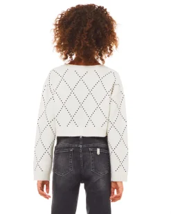 Maglia Liu Jo bianca cropped in lana e cashmere con borchiette nere a rombi