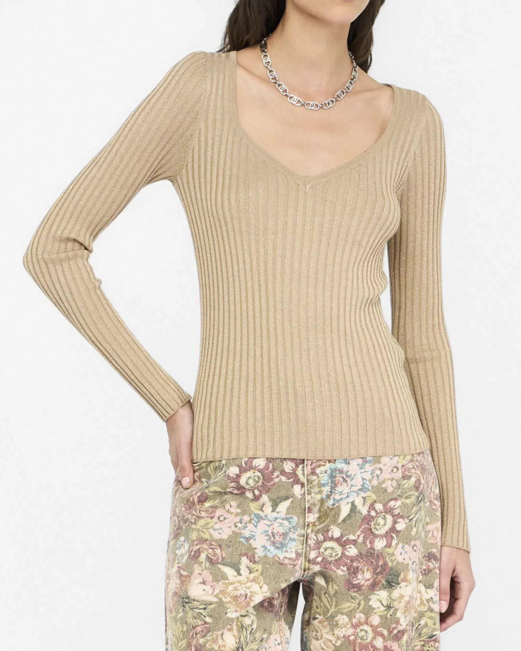 Maglia Liu Jo Jeans oro in misto viscosa con lurex e scollo a V