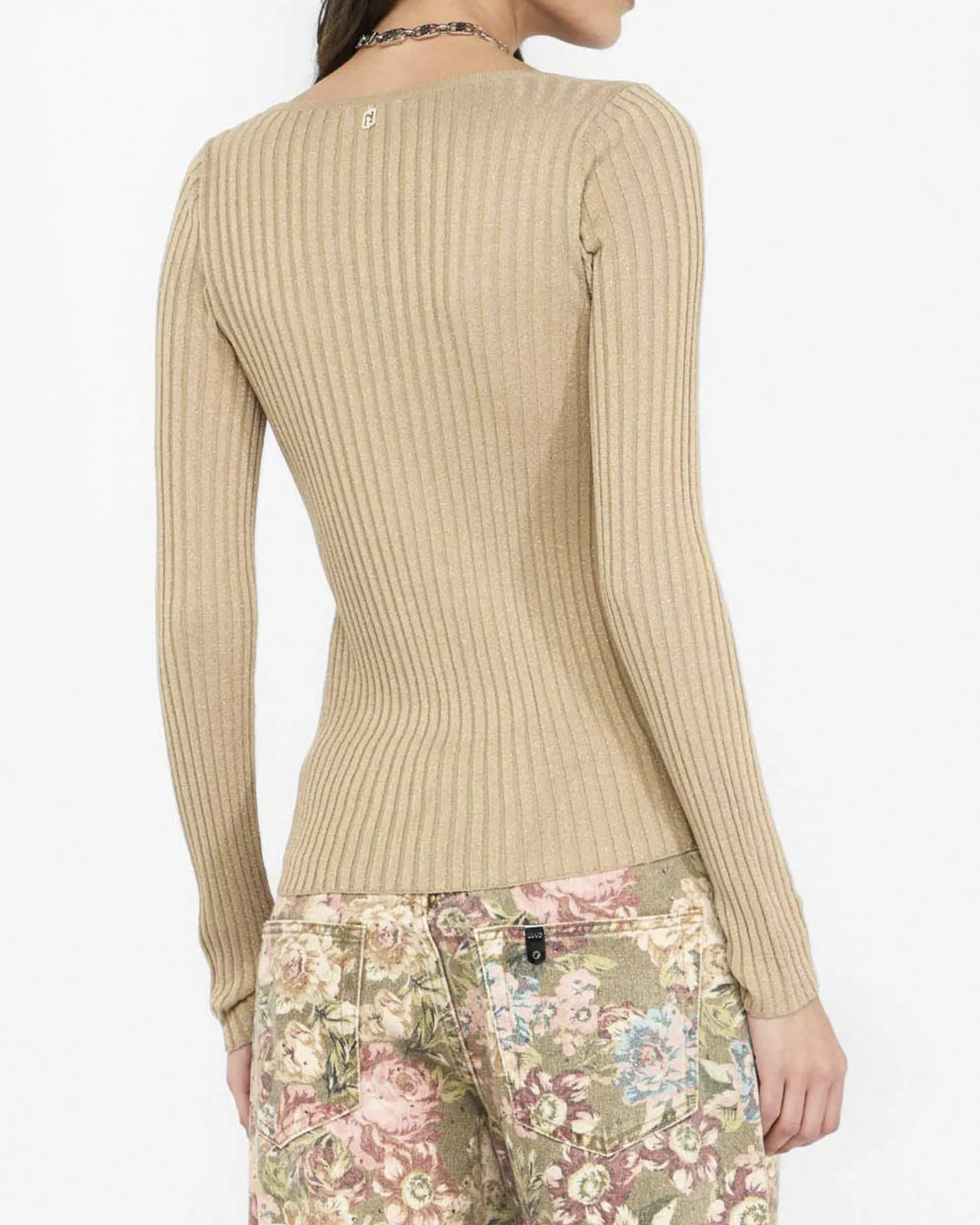 Maglia Liu Jo Jeans oro in misto viscosa con lurex e scollo a V