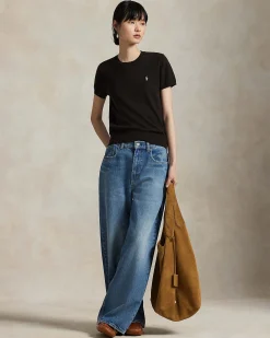 Maglia maniche corte color testa di moro Polo Ralph Lauren in cotone rasato con scollo a giro e logo ricamato a contrasto