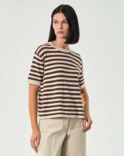 Maglia maniche corte Hlo! a righe color avorio e marrone in viscosa