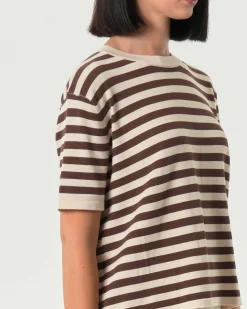 Maglia maniche corte Hlo! a righe color avorio e marrone in viscosa