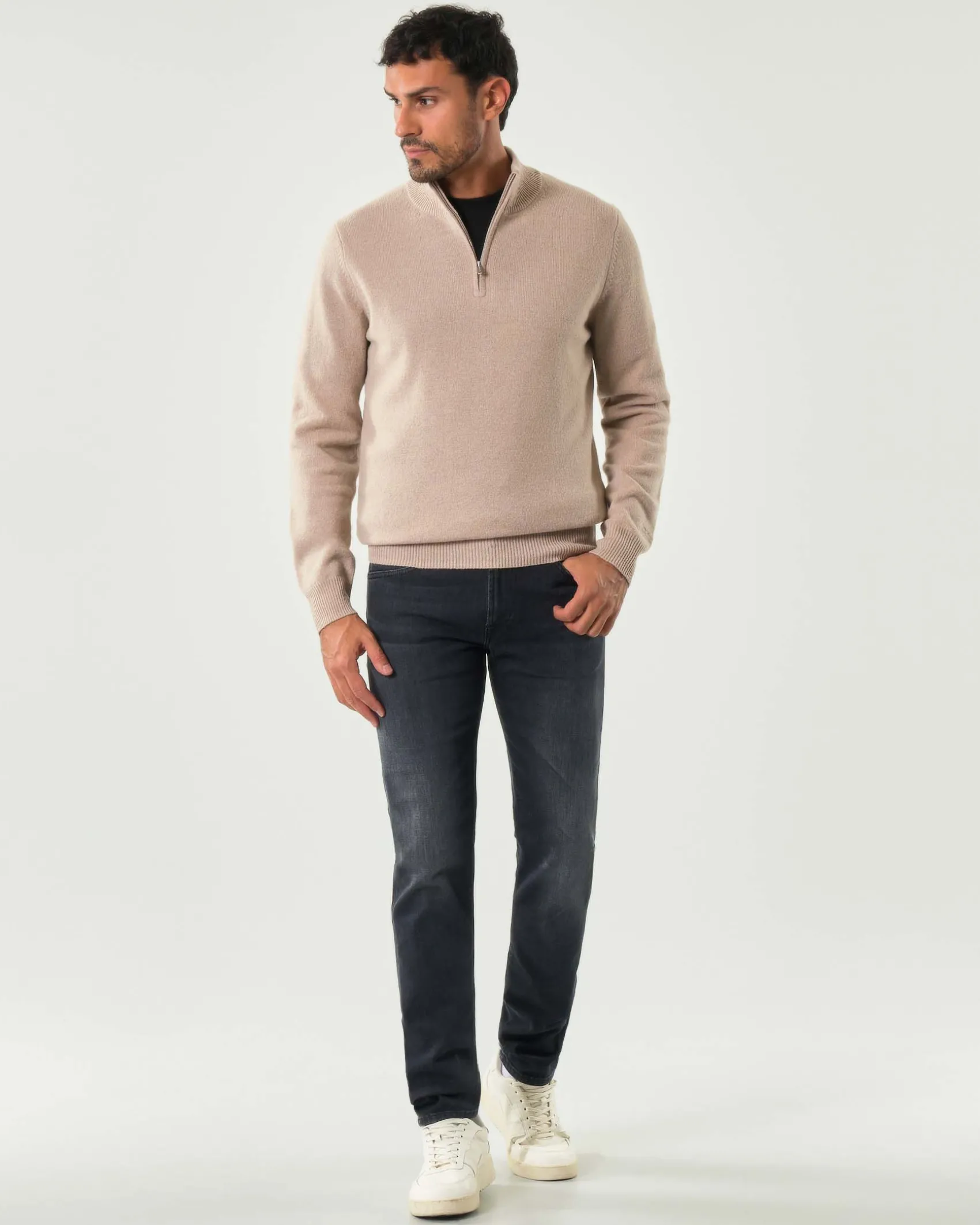 Maglia MC2 Saint Barth beige in lambswool di pura lana con apertura a mezza zip