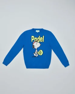 Maglia MC2 Saint Barth blu royal in misto lana e cashmere con fantasia Snoopy e scritta Padel