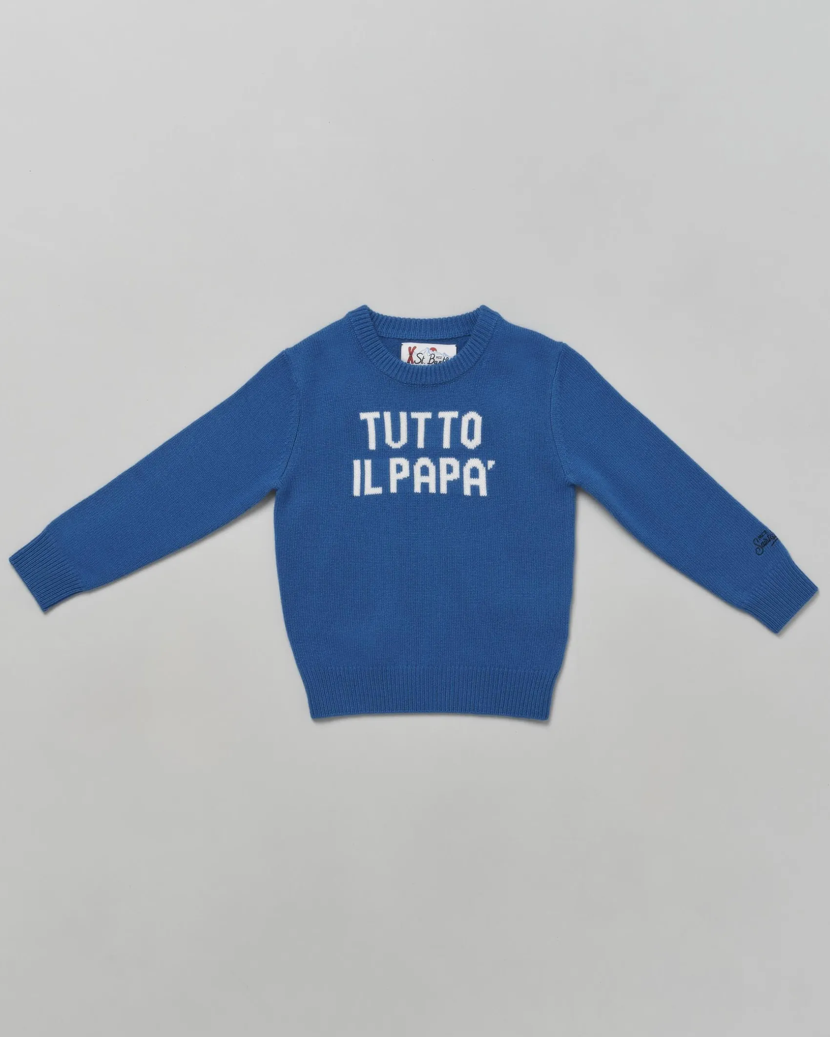 Maglia MC2 Saint Barth blu royal in misto lana e cashmere con scritta bianca 'Tutto il papà'