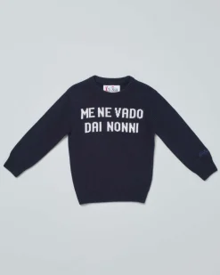 Maglia MC2 Saint Barth blu in misto lana e cashmere con scritta 'Me Ne Vado Dai Nonni'