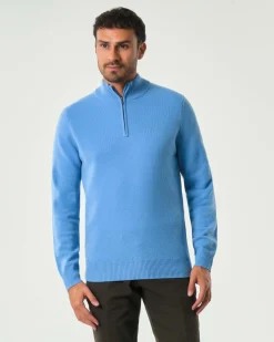 Maglia MC2 Saint Barth celeste in lambswool di pura lana con apertura a mezza zip