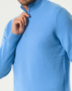 Maglia MC2 Saint Barth celeste in lambswool di pura lana con apertura a mezza zip