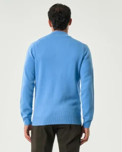 Maglia MC2 Saint Barth celeste in lambswool di pura lana con apertura a mezza zip