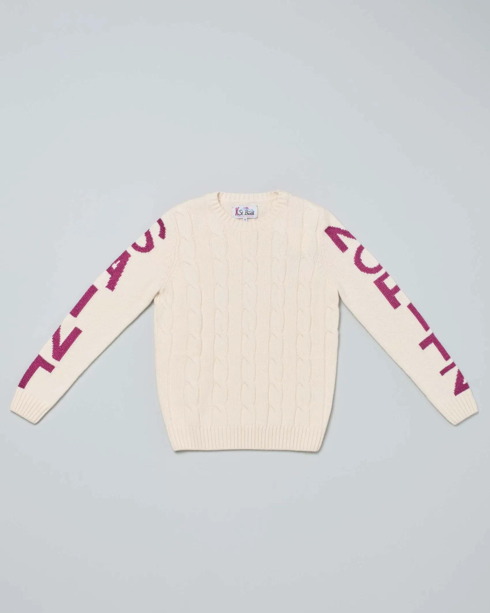 Maglia MC2 Saint Barth color panna in misto lana e cashmere con maxi scritta Saint Moritz sulle maniche
