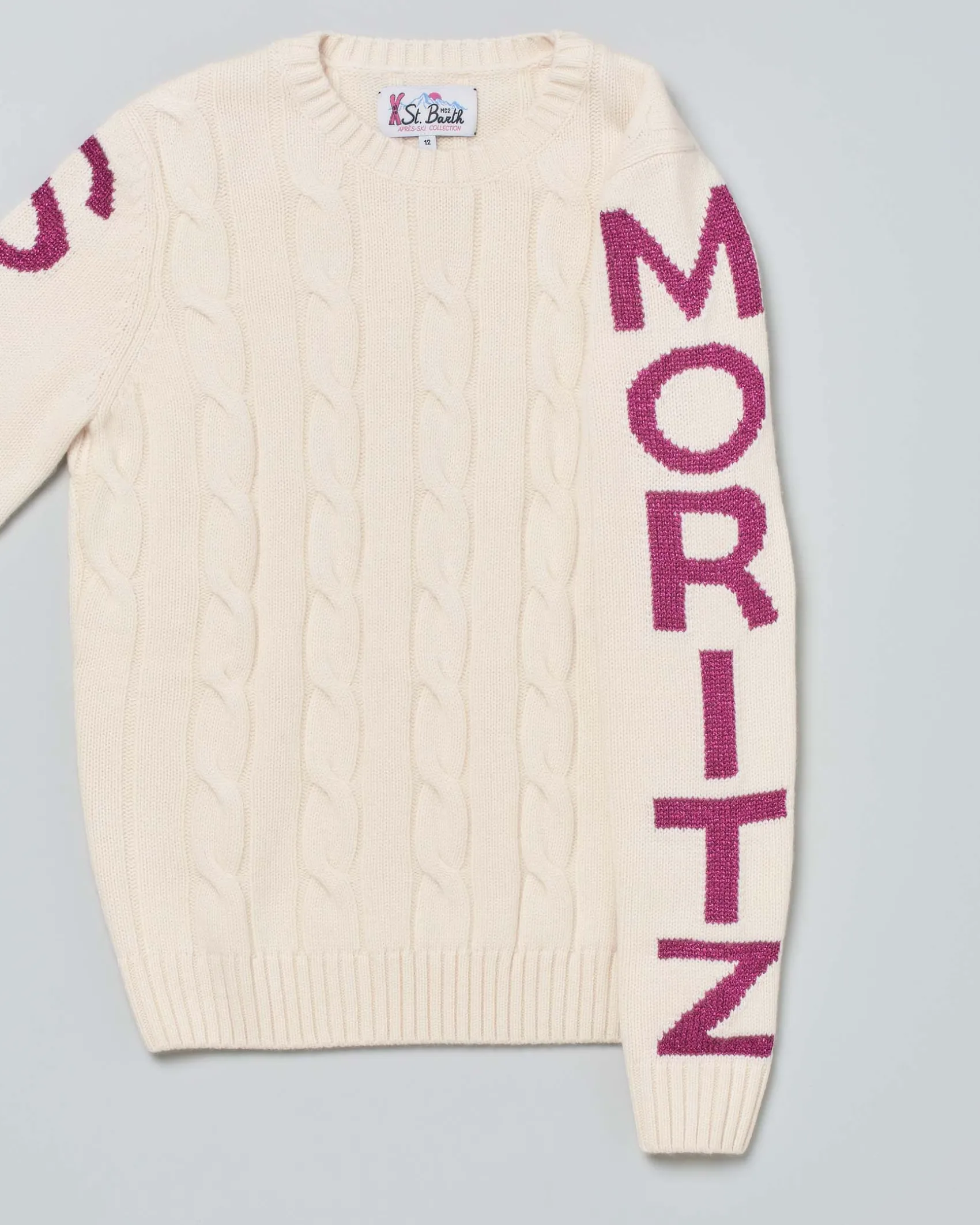 Maglia MC2 Saint Barth color panna in misto lana e cashmere con maxi scritta Saint Moritz sulle maniche