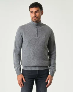 Maglia MC2 Saint Barth grigia in lambswool di pura lana con apertura a mezza zip