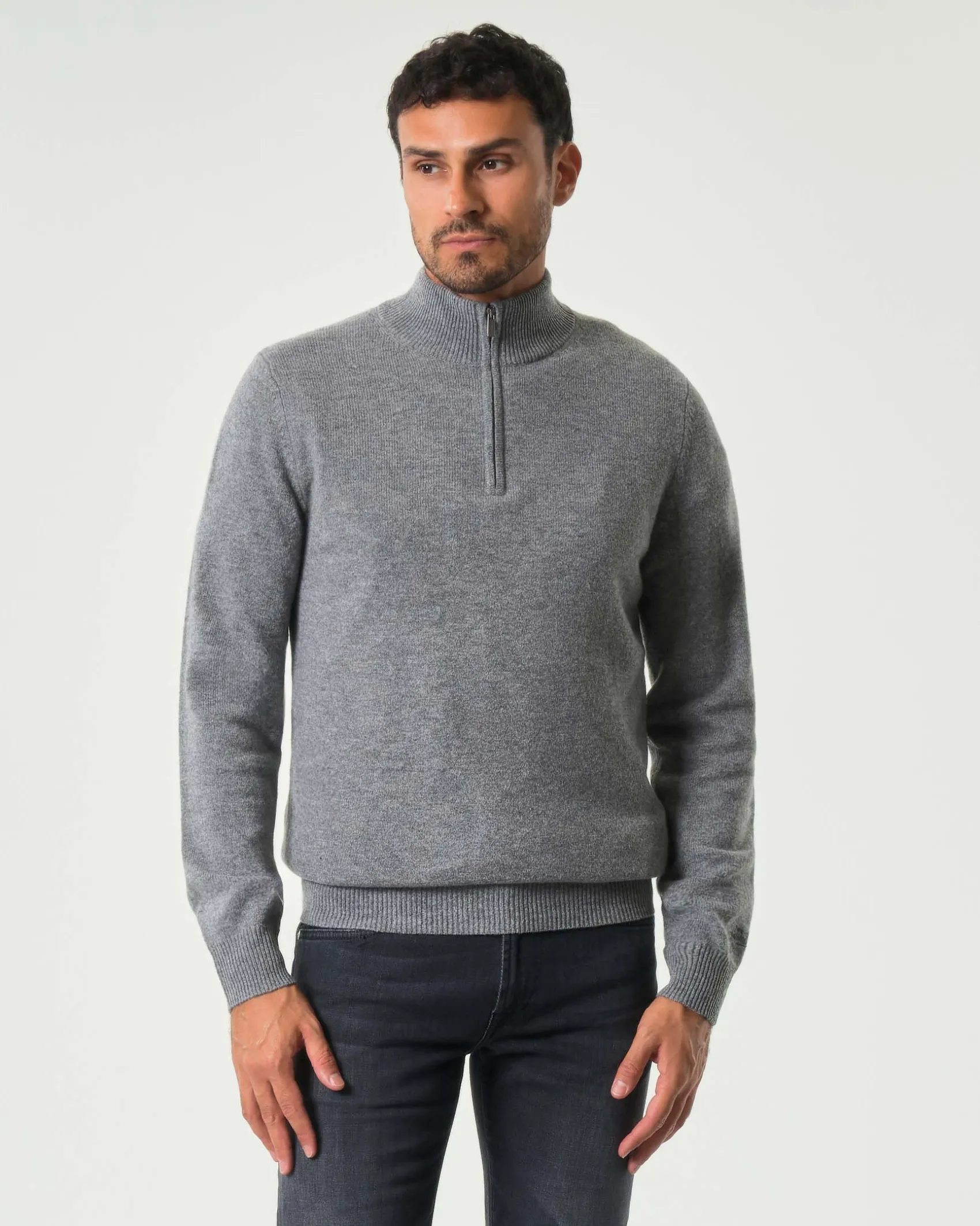 Maglia MC2 Saint Barth grigia in lambswool di pura lana con apertura a mezza zip