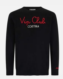 Maglia MC2 Saint Barth nero in misto lana e cashmere con scritta Vip club Cortina