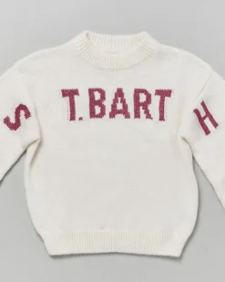 Maglia MC2 Saint Barth panna in misto alpaca con scritta rosa glitterata