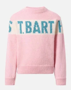 Maglia MC2 Saint Barth rosa in misto lana con scritta azzurra glitterata
