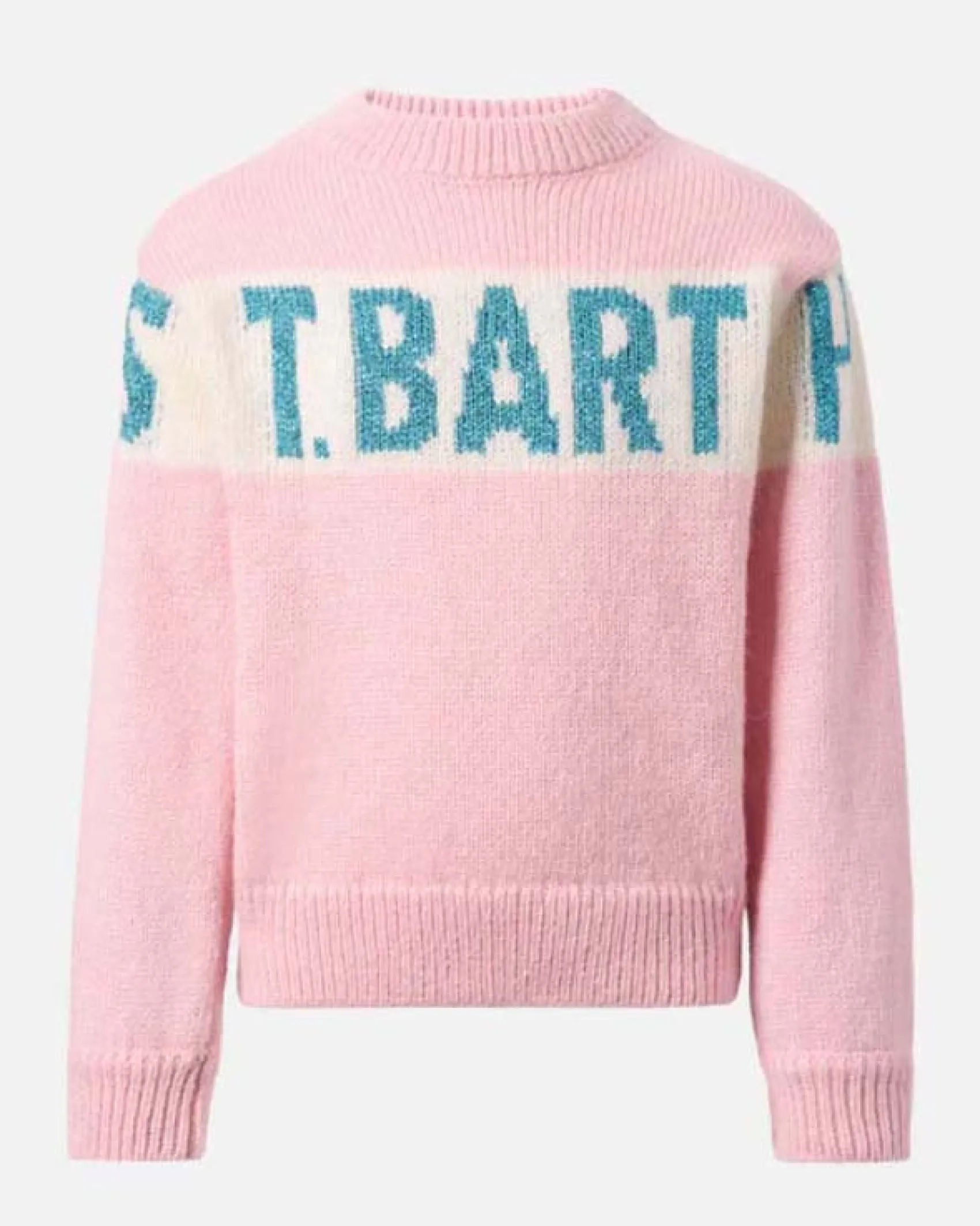 Maglia MC2 Saint Barth rosa in misto lana con scritta azzurra glitterata