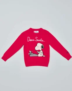 Maglia MC2 Saint Barth rossa in misto lana e cashmere con fantasia Snoopy e scritta Dear Santa