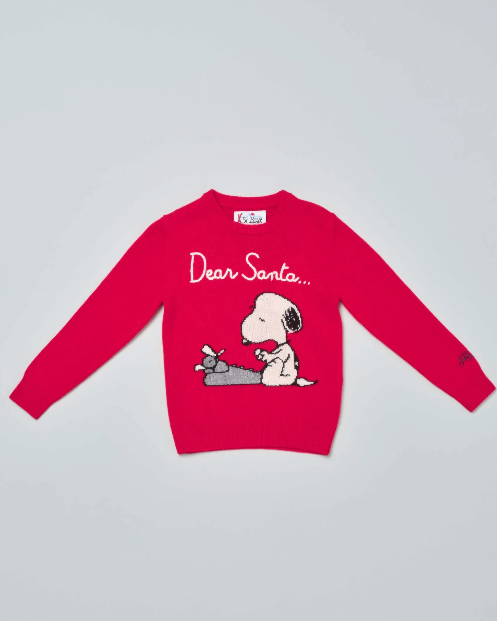 Maglia MC2 Saint Barth rossa in misto lana e cashmere con fantasia Snoopy e scritta Dear Santa