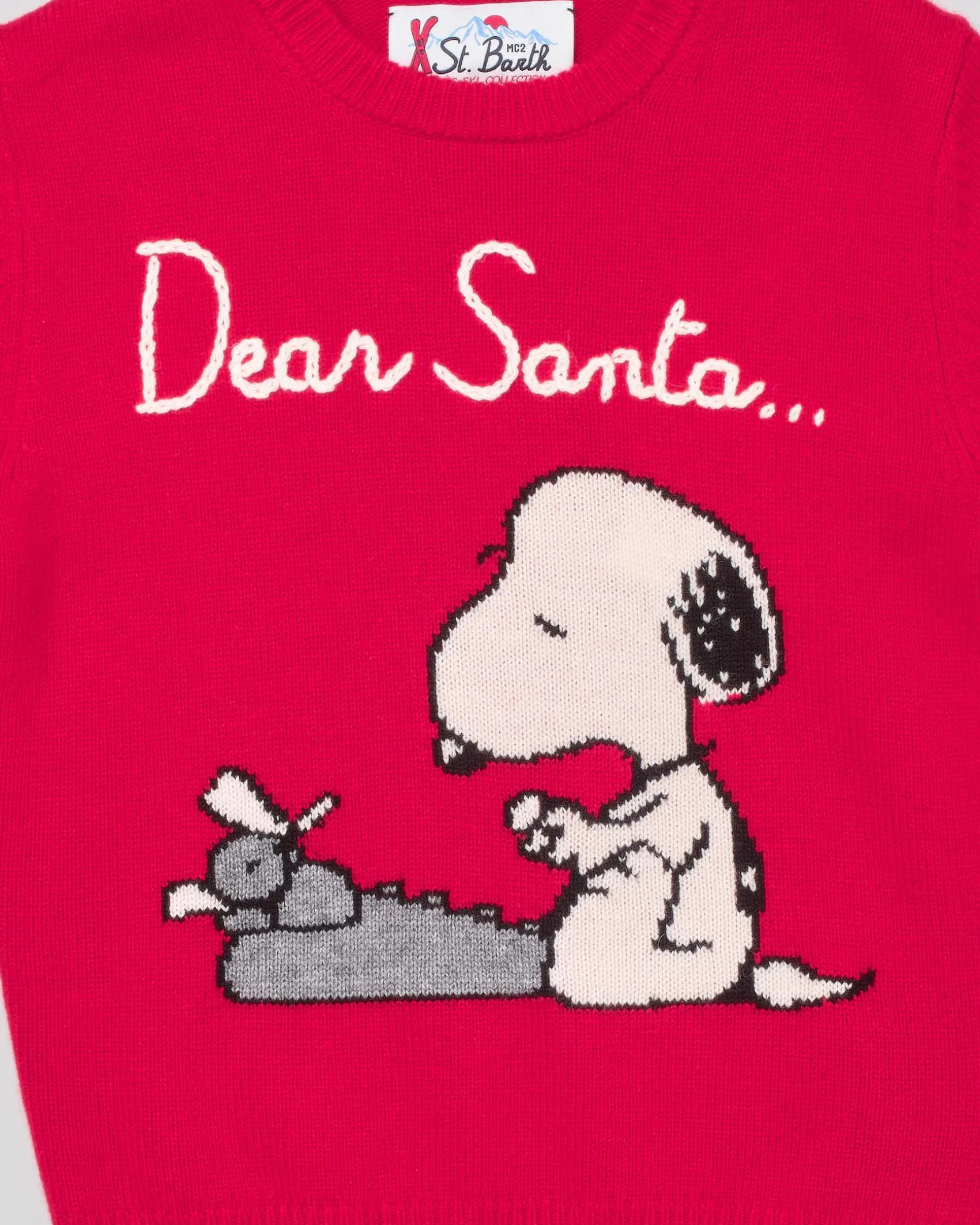 Maglia MC2 Saint Barth rossa in misto lana e cashmere con fantasia Snoopy e scritta Dear Santa