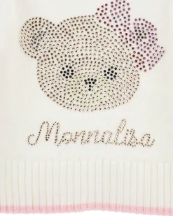 Maglia Monnalisa bianca in misto lana e viscosa con orsetta strass