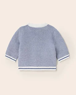 Maglia mouliné in puro cotone bianca e blu a righe sottili con scollo a giro 6-18 mesi